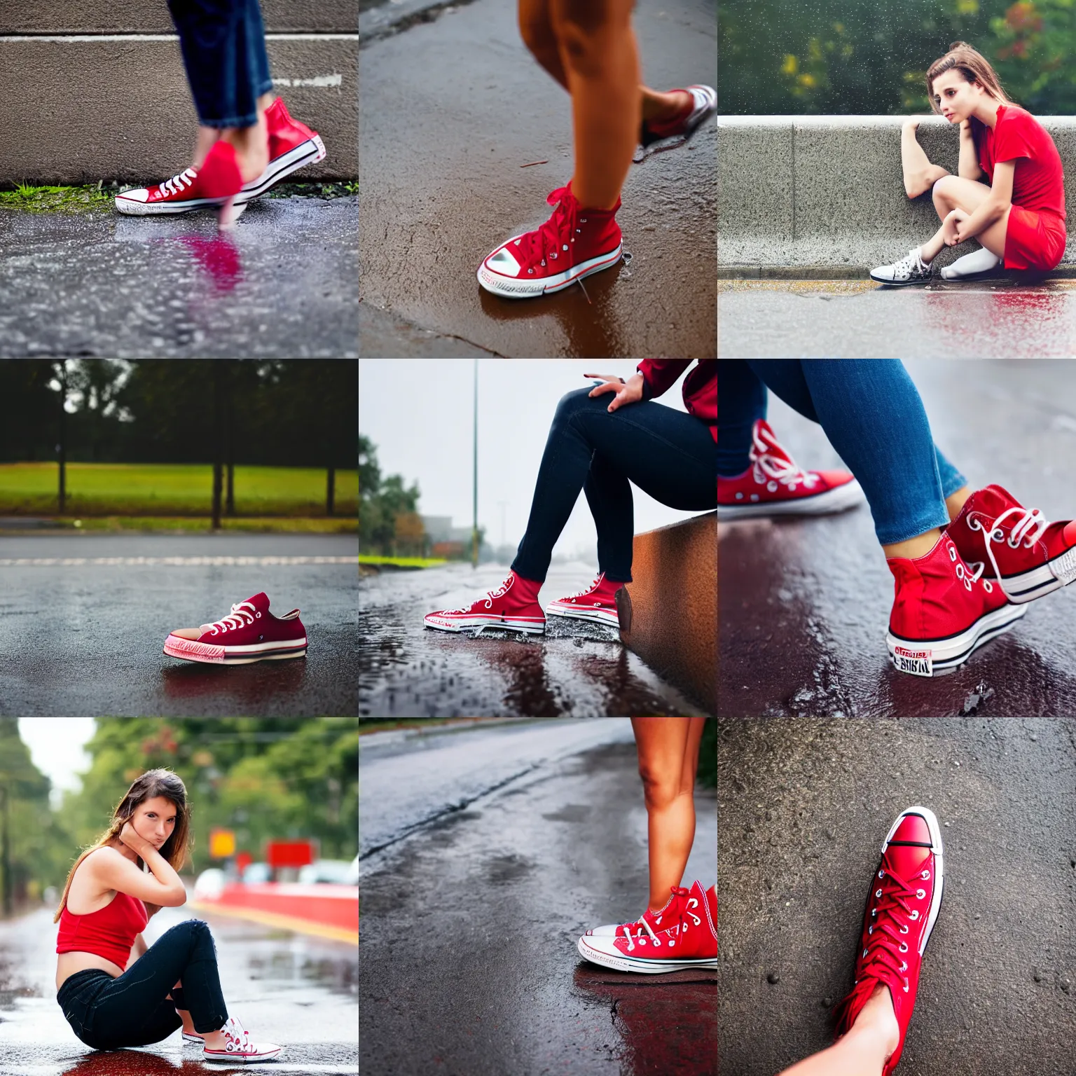 Prompt: side view of the legs of a woman sitting on a curb, wearing red converse shoes, wet aslphalt road after rain, blurry background, sigma 8 5 mm