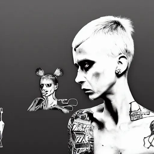 Prompt: die antwoord chappie, back and white, zef design graffiti in the background, dark lighting, digital art