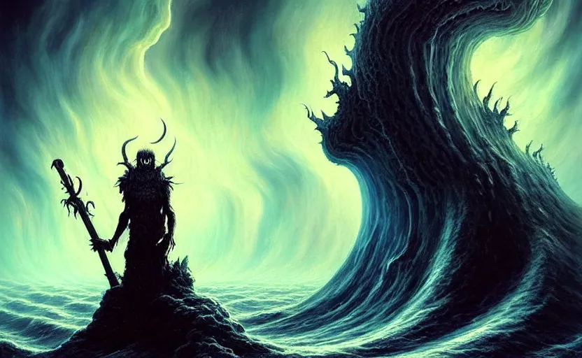 Prompt: beautiful digital fantasy illustration of a demon holding a staff!!, hellish background, a giant wave in the sky, apocalypse art!!!!, apocalypse landscape!!!!!, lovecraftian!!, cosmic horror!!!, concept art by Jarosław Jaśnikowski, a detailed matte painting by Dan Luvisi, cgsociety, fantasy art, highly detailed, soft lighting, rendered in octane, masterpiece, very very very aesthetic