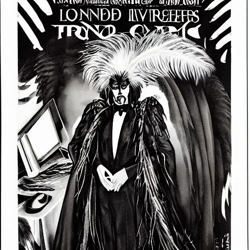 Image similar to vincent price as howard hughes in long black feathered cloak, black hands tipped with black claws, feathers growing out of skin, at opulent desk, comic book cover, vivid, illustration, highly detailed, rough paper, dark, oil painting