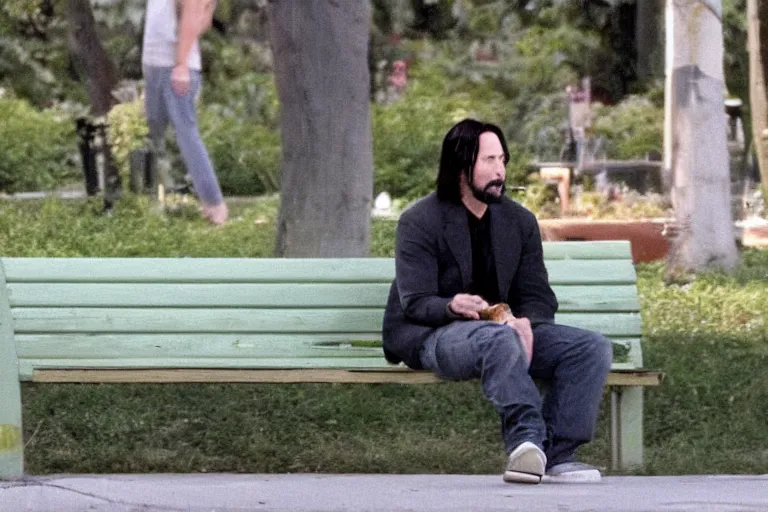Image similar to Keanu Reeves eating a sandwich while sitting on a bench, in the style of Gregory Crewdson