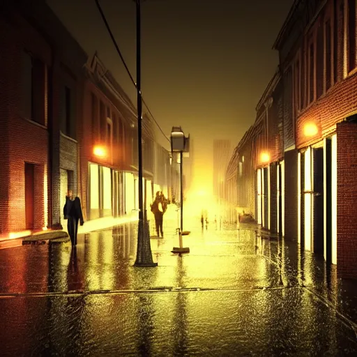 Prompt: dark neon lit streetscape, brick buildings, tall, dark lighting, cars, people, tail lights, headlights, wet rainy night, top - rated, award winning, realistic, detailed lighting, detailed shadows