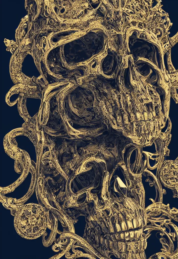 Prompt: portrait of a 3d render ultra detailed skull, art deco, intricate gears details, hyperrealistic, ultra detailed, elegant, octane render, blue and gold, 8k, trending on Artstation, unreal engine