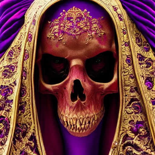 Image similar to photorealistic still portrait photograph of ainz looking at the camera, overlord, regal purple gold robe, large red shoulder rubies, depth of field, soft focus, highly detailed, intricate, realistic, national geographic cover, textured detailed skeleton, professional archeological photograph