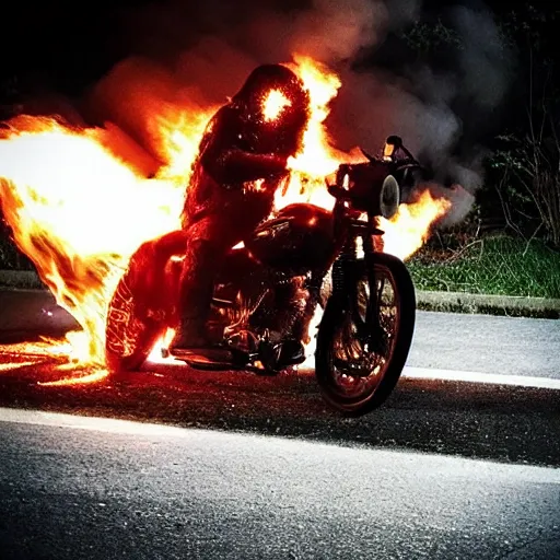 Image similar to “a burning knight in full armor riding a burning motorcycle that is on fire in an graveyard at midnight. cursed image.”