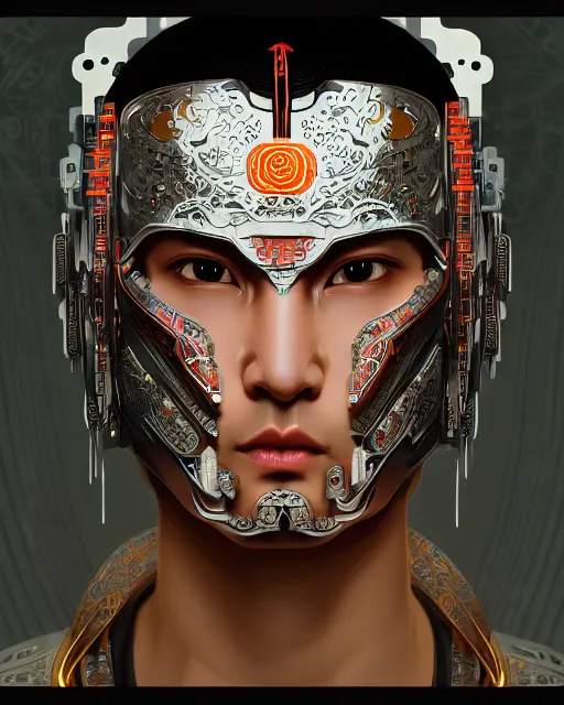 Image similar to portrait of a masculine male cyberpunk machine, machine face, upper half portrait, decorated with chinese opera motifs, asian, fine china, wuxia, traditional chinese art, intricate, elegant, highly detailed, symmetry, headpiece, digital painting, artstation concept art smooth sharp focus, illustration, art by artgerm and greg rutkowski alphonse mucha 8 k