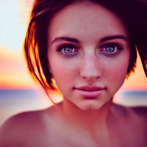 Prompt: portrait of a brunette girl on the beach, sunset, photo for instagram, photorealistic, sharp focus, highly detailed. photo taken with a canon eos 8 0 d iso 2 0 0