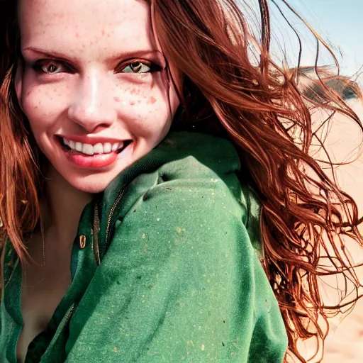 Image similar to portrait of a cute thin young woman, bronze brown hair, emerald green eye color, red blush, cute freckles, smug smile, modern clothes, relaxing on the beach, golden hour, close up shot, 8 k, art by irakli nadar, hyperrealism, hyperdetailed, ultra realistic