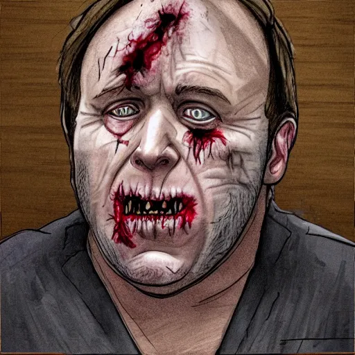 Prompt: zombie alex jones in a courtroom