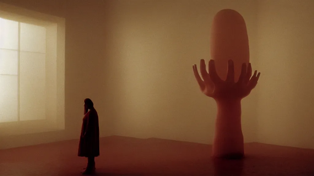 Image similar to a giant hand made of wax and water floats through the living room, film still from the movie directed by Denis Villeneuve with art direction by Zdzisław Beksiński, wide lens