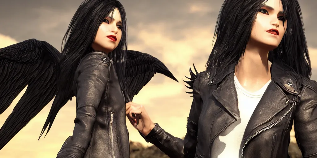 Image similar to a woman with black hair and a leather jacket with phoenix wings, character portrait, unreal engine 5, intricate, detailed, realistic, masterpiece