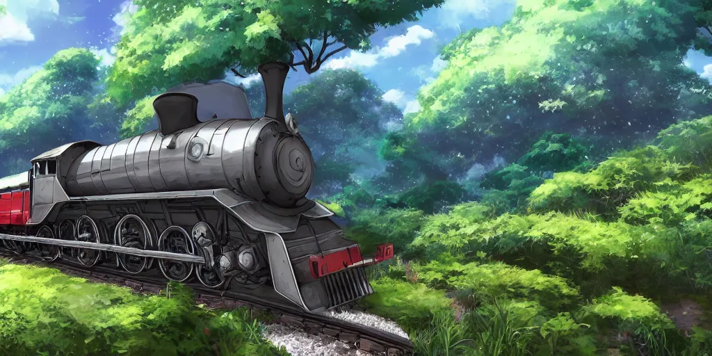 Image similar to A beautiful illustration of beautiful Hogwarts train, castle, leaves, trees, steam, magic, wide angle, by makoto shinkai, Wu daozi, very detailed, deviantart, 8k, wallpaper, tropical, colorful, airy, anime illustration, anime nature wallpap