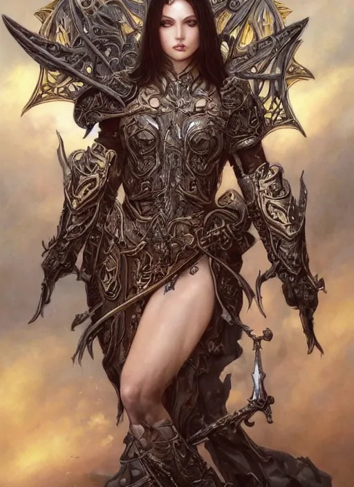 Prompt: a highly detailed symmetrical painting of a female model fantasy warrior with piercing beautiful eyes, trending art by artgerm and karol bak and mark brooks and donato giancola and bayard wu and gustav moreau and wayne barlowe