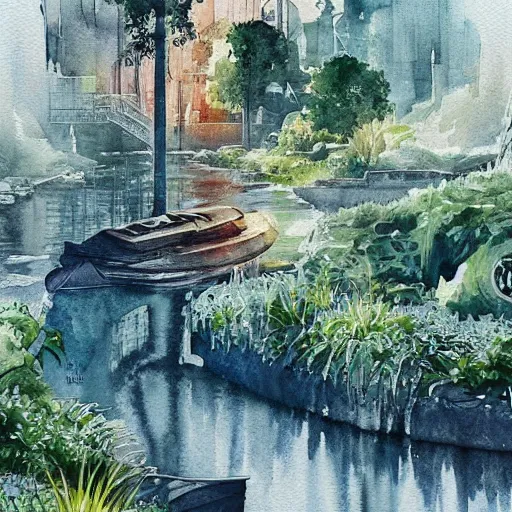 Image similar to Beautiful happy picturesque charming sci-fi town in harmony with nature. Beautiful light. Water and plants. Nice colour scheme, soft warm colour. Beautiful detailed artistic watercolor by Vincent. (2060)