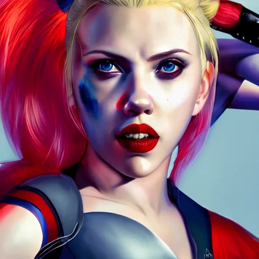 Image similar to Scarlett Johansson as Harley Quinn, holding bat, digital, artstation, cgsociety, 4k, high detail