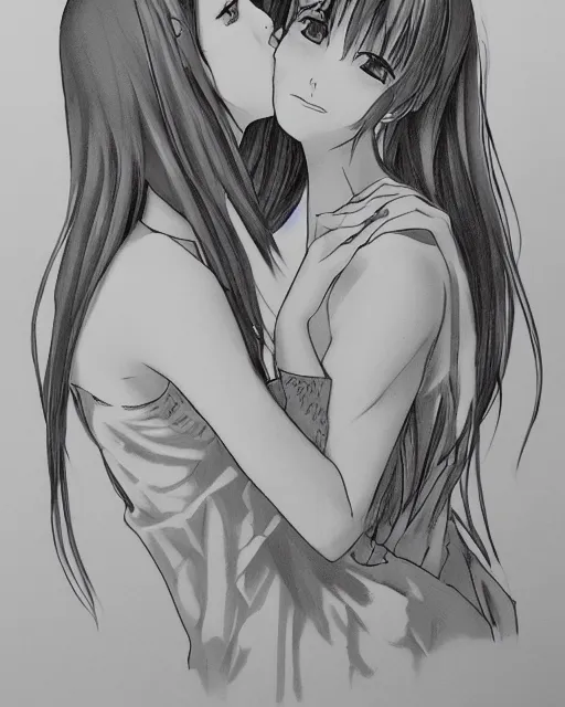 Image similar to portrait of a girl kissing another girl on the neck, anime, trending on Artstation