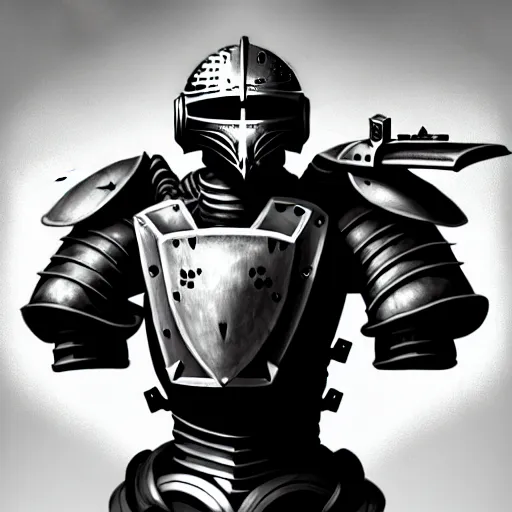 Image similar to knight pepe, scifi, power armor, mechasuit, medieval pepe, futuristic sword, heavy gun, armored, helmet, military, heavy, modern, gaz mask, black and white, concept art, bust portrait, Nekro, Tom Bagshaw, Craig Mullins, ventail, exsokeleton