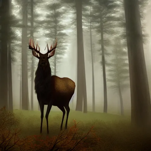 Image similar to An elk looking at the camera with red eyes in a dark misty forest, artstation, cinematic, detailed