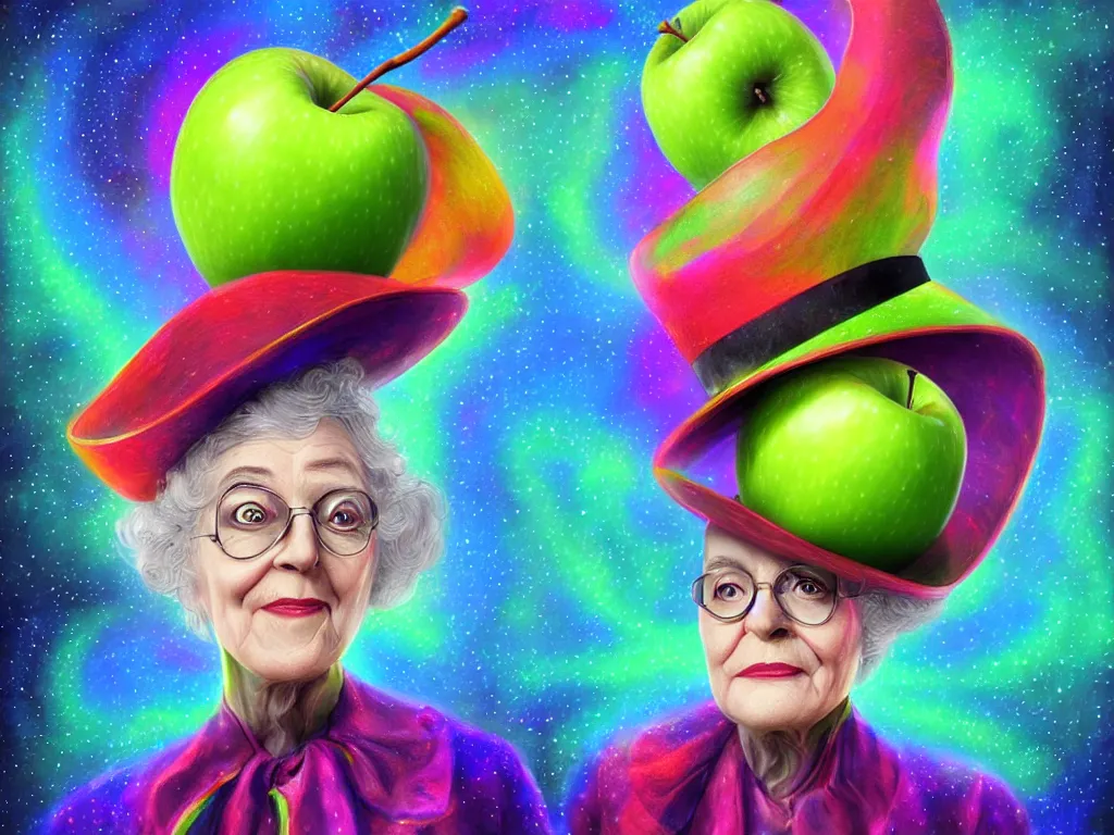 Prompt: Psychedelic portrait of a Granny Smith apple with google eyes floating in space wearing a top hat , volumetric lighting, artstation, digital painting, very high detail, hyperrealistic, vivid color