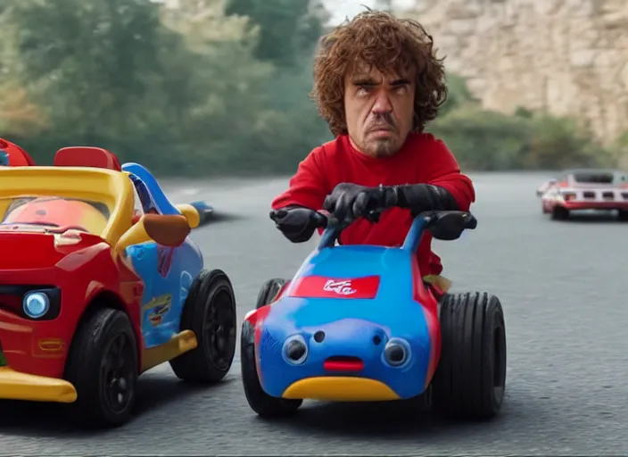 Image similar to peter dinklage mad driving a little tikes car, movie still, from the new fast and furious movie, 8 k, realistic