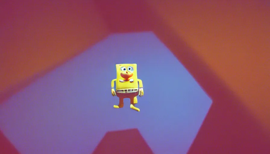 Image similar to 1 9 6 0 s movie still of spongebob, 2 0 0 1 a space odyssey, cinestill 8 0 0 t 3 5 mm, high quality, heavy grain, high detail, panoramic, cinematic composition, dramatic light, ultra wide lens, anamorphic, flares