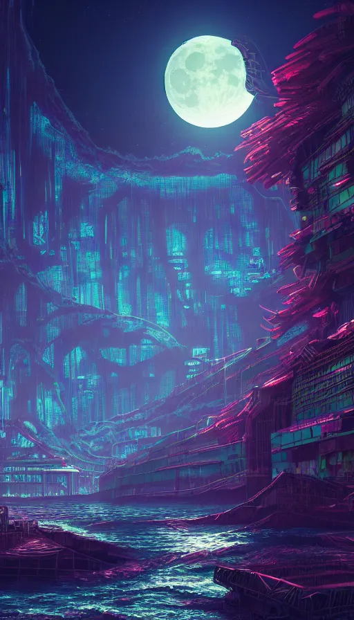 Image similar to reclaimed by nature by moon hoon, darkacademia atlantis cosmic san andreas at dawn neon signs tokyo synthwave universe, archdaily, wallpaper, highly detailed, trending on artstation.