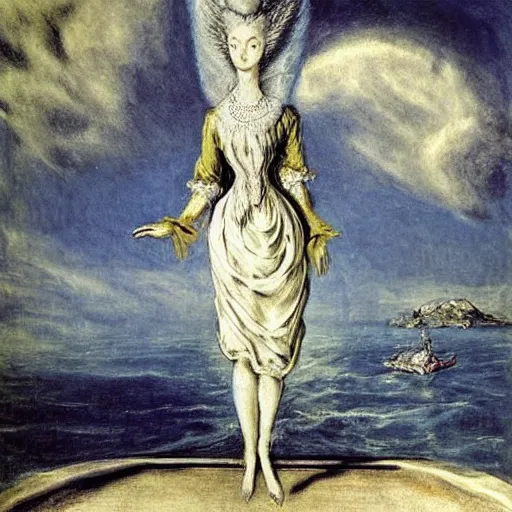 Image similar to Marie Antoinette levitating over the sea. El Greco, Remedios Varo, Salvador Dali, Carl Gustav Carus, John Atkinson Grimshaw. Blue tint. Symetrical, logo, geometric shapes.