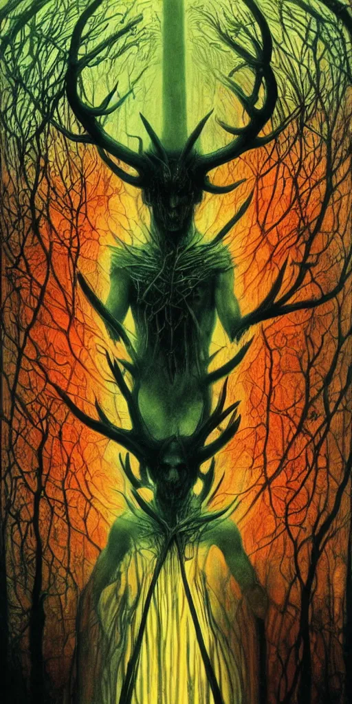 Image similar to intense glowing black metal pagan god with antlers and veins and intense glowing eyes in very dark forest by h r giger and beksinski and alphonse mucha, portrait, fantasy, clear, red and teal and yellow, light beams, lens flare, intense, uhd, amazing depth, cinematic lighting