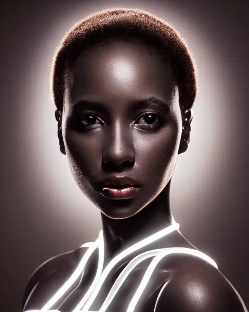 Image similar to beautiful centered fine art photo portrait of beautiful black girl with white solarpunk mecha humanoid head parts with led lights, sensual pose gesture, white background, ultra - realistic and intricate, soft box lighting, shallow depth of field hdr 8 k