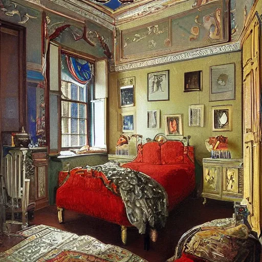 Prompt: very detailed interior of a building, bedroom of an artist in the style of Thomas Symington Halliday (1902–1998), Scottish painter and sculptor