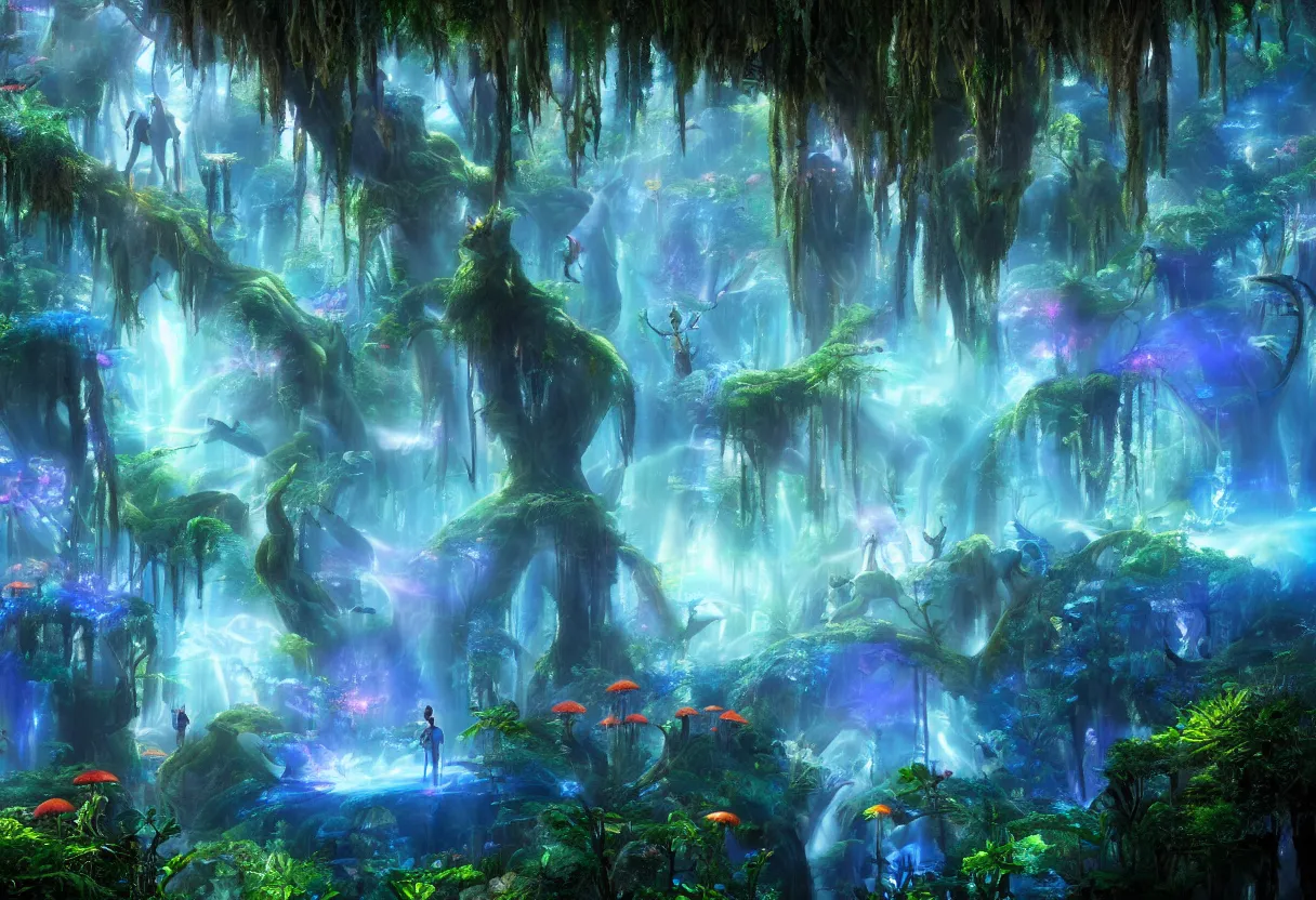 Image similar to A masterpiece digital art piece of a glowing magical forest form the movie Avatar. There are glowing blue plants, glowing red mushrooms, big trees and overhanging shrubbery. The air is fresh, stress-relieving. Heaven on earth. Trending on Artstation, cgsociety.