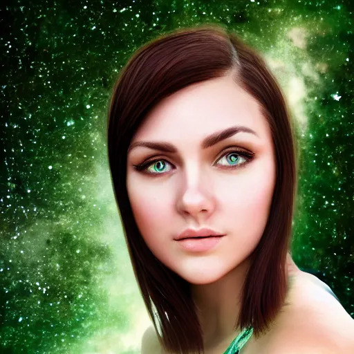 Image similar to an hd photo of a pretty young woman with short brown hair and green eyes, beautiful trees in the background, night sky with stars and galaxies, trending on artstation