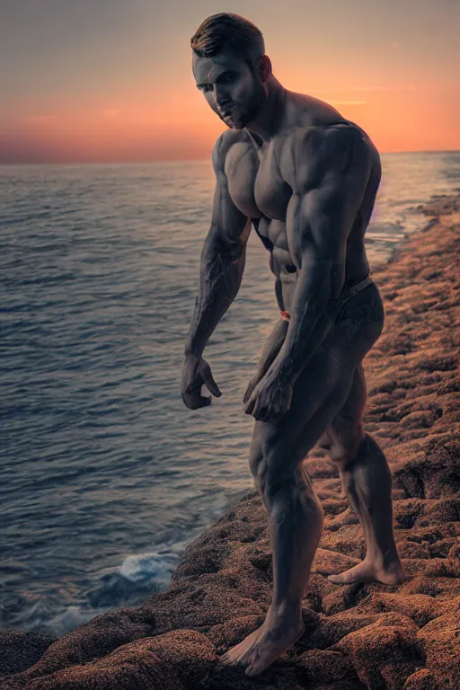 Image similar to a very muscular and defined man wearing ripped pants and shirt looking to the sea at sunset, godrays, complementary colors, natural lighting, portait image, path tracing, serene landscape, high quality, highly detailed, 8K, soft colors, warm colors, turbulent sea, high coherence, anatomically correct, hyperrealistic, concept art, defined face, five fingers, looking to the camera