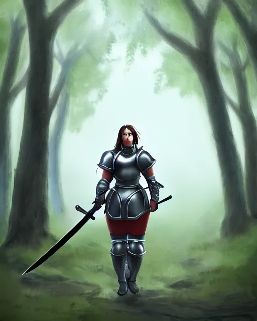 Prompt: concept art of a thicc female knight, wearing heavy medival knight armor, holding a long sword, walking through a foggy oak forest | | epic - fine - clean, polished, trending on artstation, brush strokes