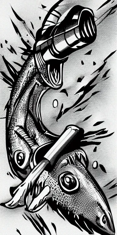 Image similar to antropomorphic mutant fish with rocket launcher. digital art