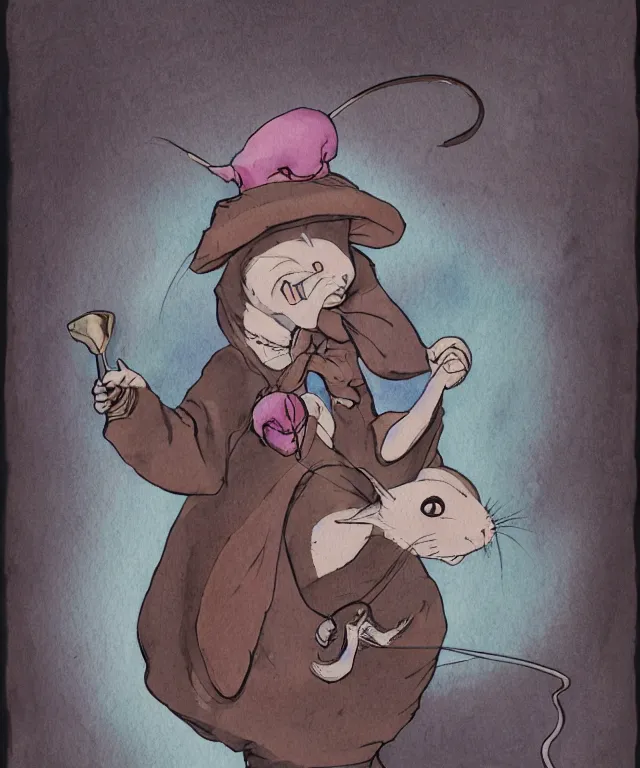 Image similar to a watercolor ink painting of the selfless female anthropomorphic mouse midwife. her wardrobe is complicated in the style of moebius in the style of anti - art trending on artstation deviantart pinterest furaffinity hyper detailed photorealistic highlights and shadow hd 8 k post - processing high resolution