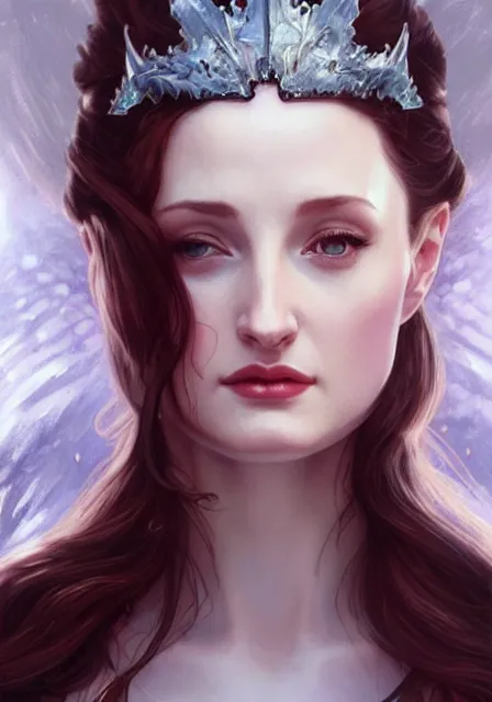 Image similar to sansa angeline jolie gessica chastain ice queen, intricate, elegant, highly detailed, digital painting, artstation, concept art, smooth, sharp focus, illustration, art by artgerm and greg rutkowski and alphonse mucha and william - adolphe bouguereau