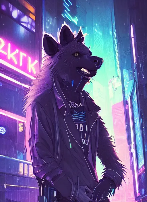 Image similar to beautiful portrait commission of a male furry anthro hyena fursona wearing cyberpunk skater clothes. Cyberpunk city at night in the rain. Neon light. Atmospheric. Character design by charlie bowater, ross tran, artgerm, and makoto shinkai, detailed, inked, western comic book art