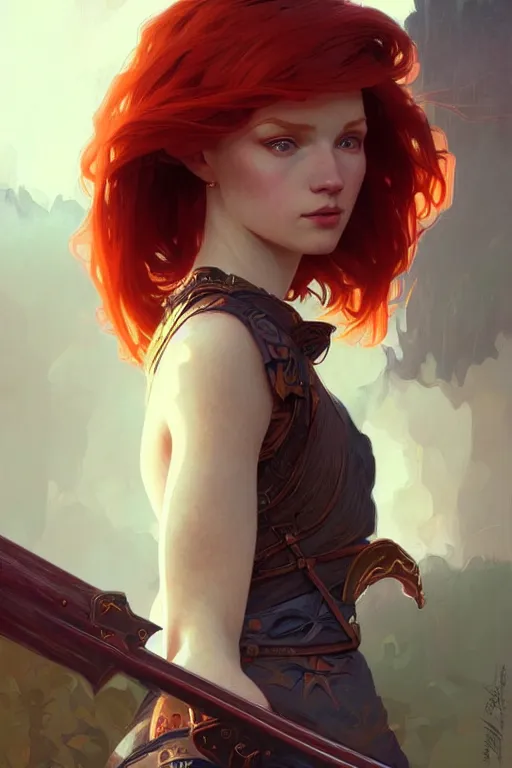 Prompt: a beautiful redhead warrior girl, fantasy, portrait, sharp focus, intricate, elegant, digital painting, artstation, matte, highly detailed, concept art, illustration, ambient lighting, art by ilya kuvshinov, artgerm, alphonse mucha, and greg rutkowski