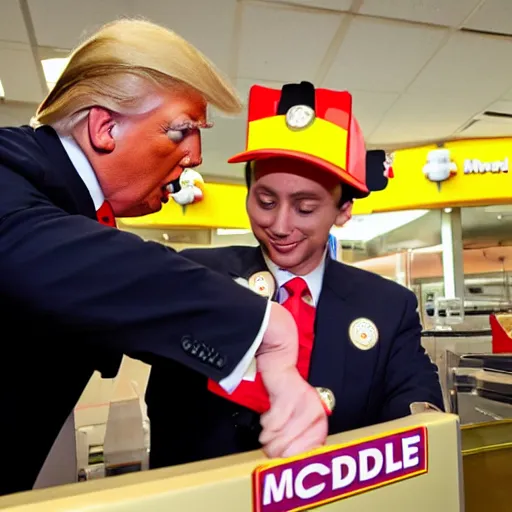 Image similar to donald trump wearing a mcdonalds uniform while working at mcdonalds