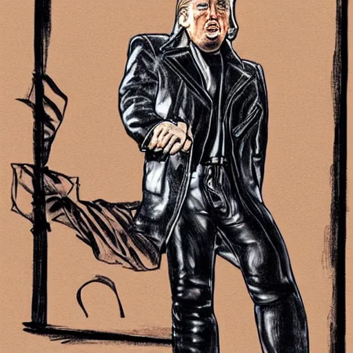 Prompt: Donald Trump in Leather pants drawn by Tom of Finland