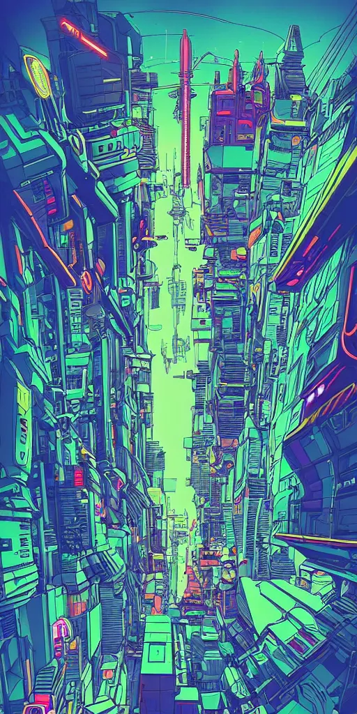 Prompt: astronaut cyberpunk surreal upside down city, neon lights, sharp edges, flat colors, cell shaded by moebius, Jean Giraud, trending on artstation