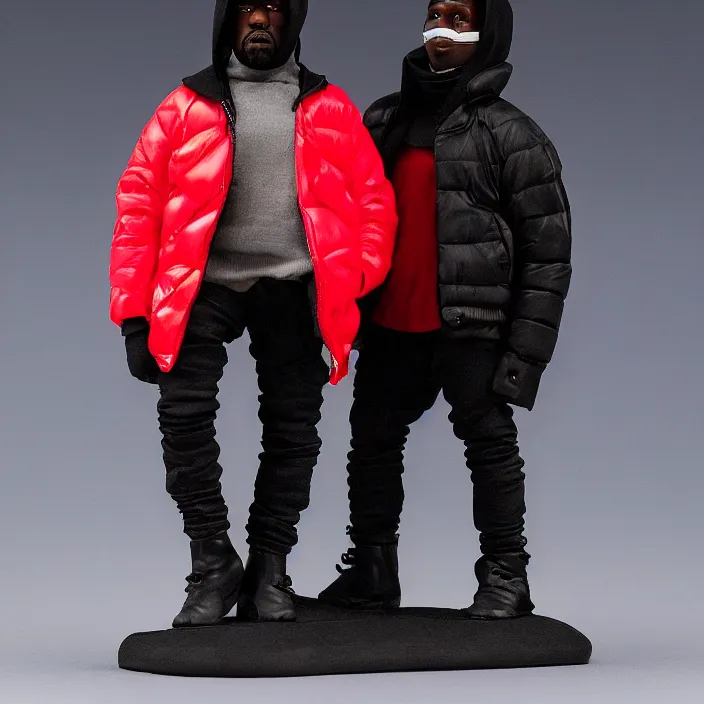 Image similar to kanye west, a goodsmile figure of kanye west using a full face covering black mask, a small, tight, undersized reflective bright red round puffer jacket made of nylon, dark jeans pants and big black balenciaga rubber boots, figurine, detailed product photo