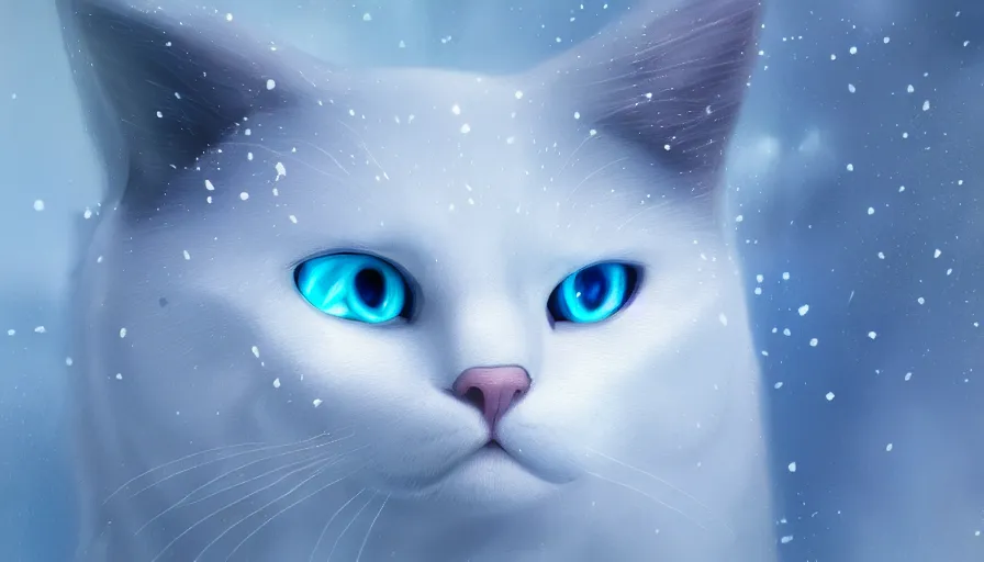 Image similar to shiny white cat with blue electric eyes, snow, light, shadow, volumetric light, hyperdetailed, artstation, cgsociety, 8 k