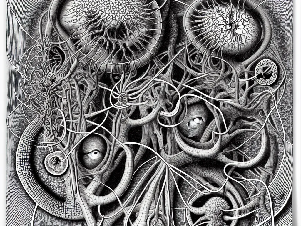 Prompt: humans and eyes, art by ernst haeckel and daniel martin diaz