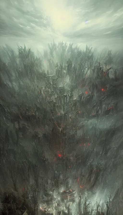 Image similar to a storm vortex made of many demonic eyes and teeth over a forest, by ruan jia