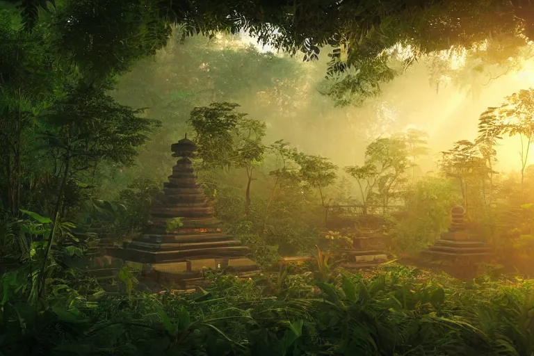 Image similar to temple complex in a jungle clearing, volumetric light, 8k, art station and cgsociety