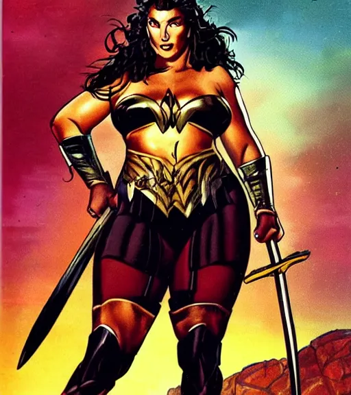 Image similar to 1 9 8 0 s fantasy novel book cover, bbw plus size amazonian gal gadot in extremely tight bikini armor wielding a cartoonishly large sword, exaggerated body features, dark and smoky background, low quality print
