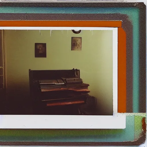 Prompt: coloured atmospheric polaroid photo of a old living room interior with transparent ghosty banshee corpse body floating