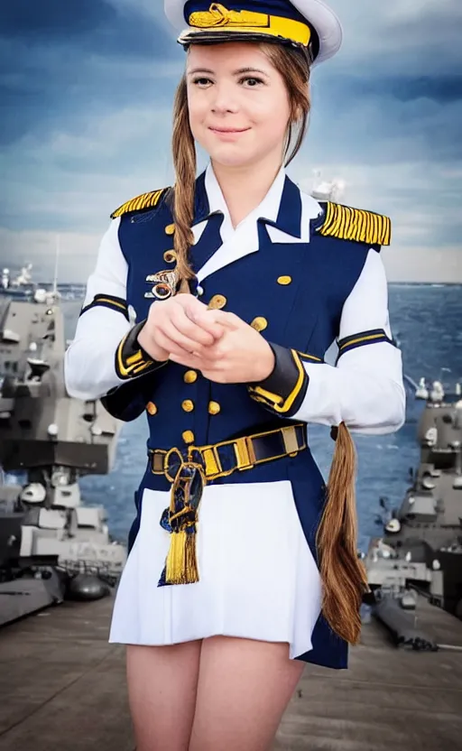 Image similar to portrait photo of a girl in admiral uniform, military naval port in the background, highly detailed, high resolution, cosplay photo, stunning, promotional video of the armed forces, bokeh soft, 100mm, realistic warship design, trending on instagram, by professional photographer, realistic human anatomy, real human face, admiral clothing, modern naval warfare, realistic guns, photo shot with a arriflex 35 ii, low saturation, hard surfaces